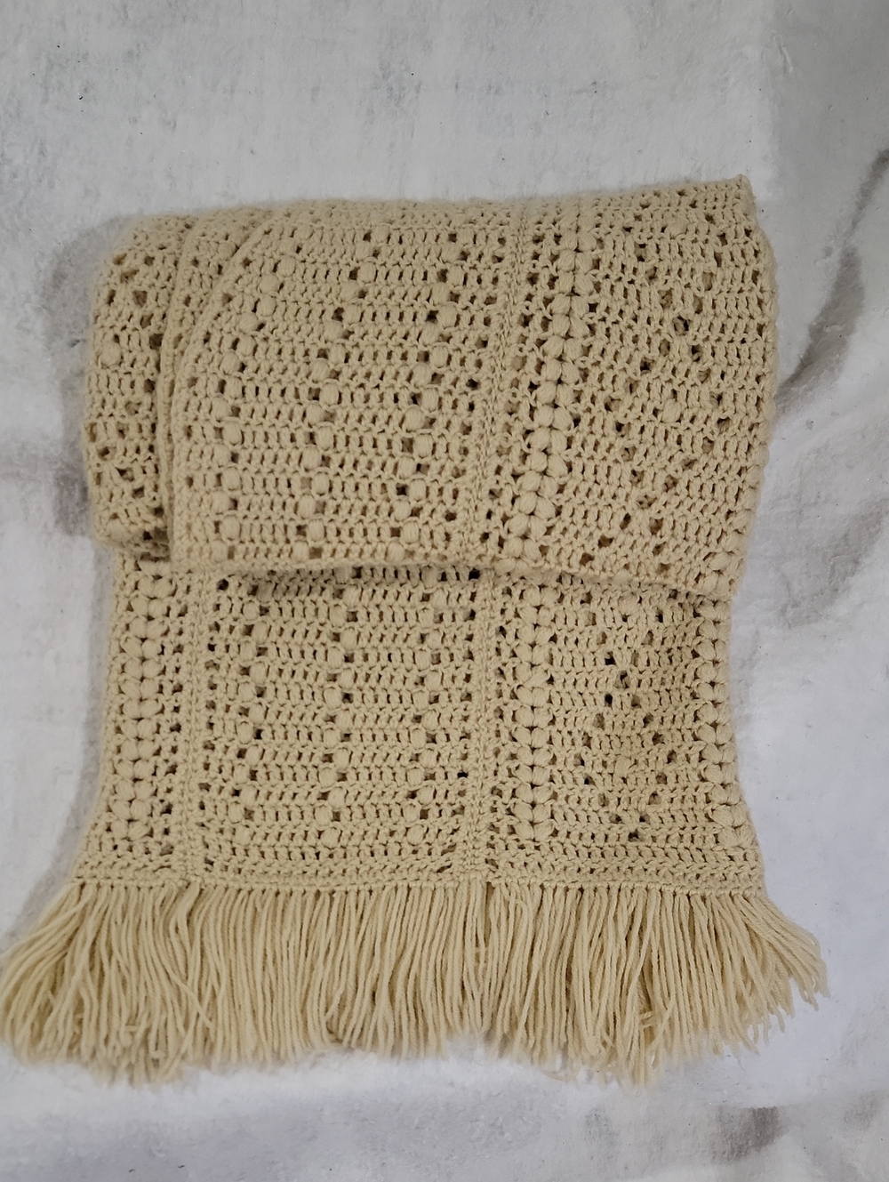 Hand Made Cream Crochet Fringe Blanket